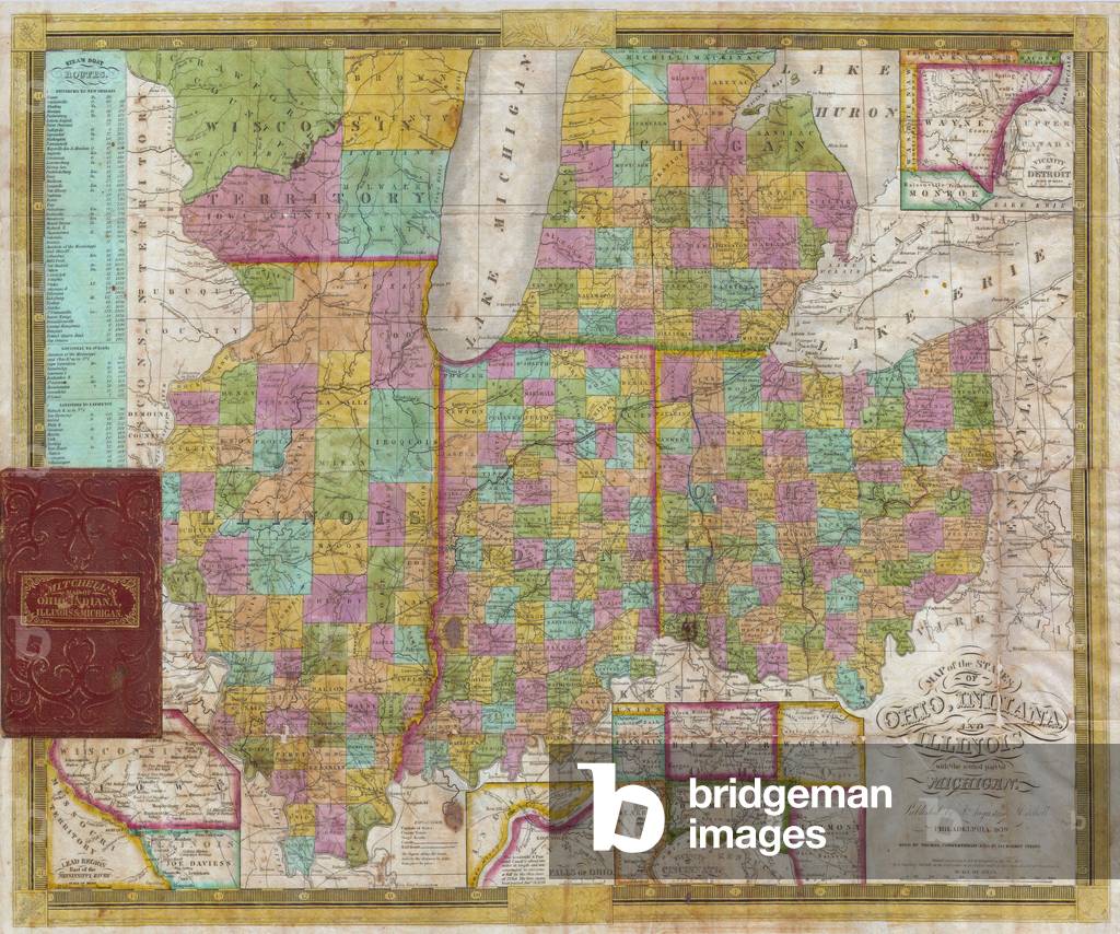 1838, Mitchell Pocket Map of Ohio, Indiana, Illinois and Michigan