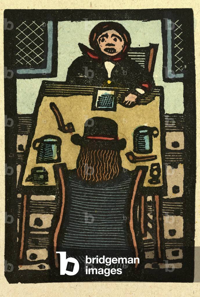 Illustration of English Tales Folk Tales and Ballads. Two People Sitting at a Table. Two Pipes and Two Mugs