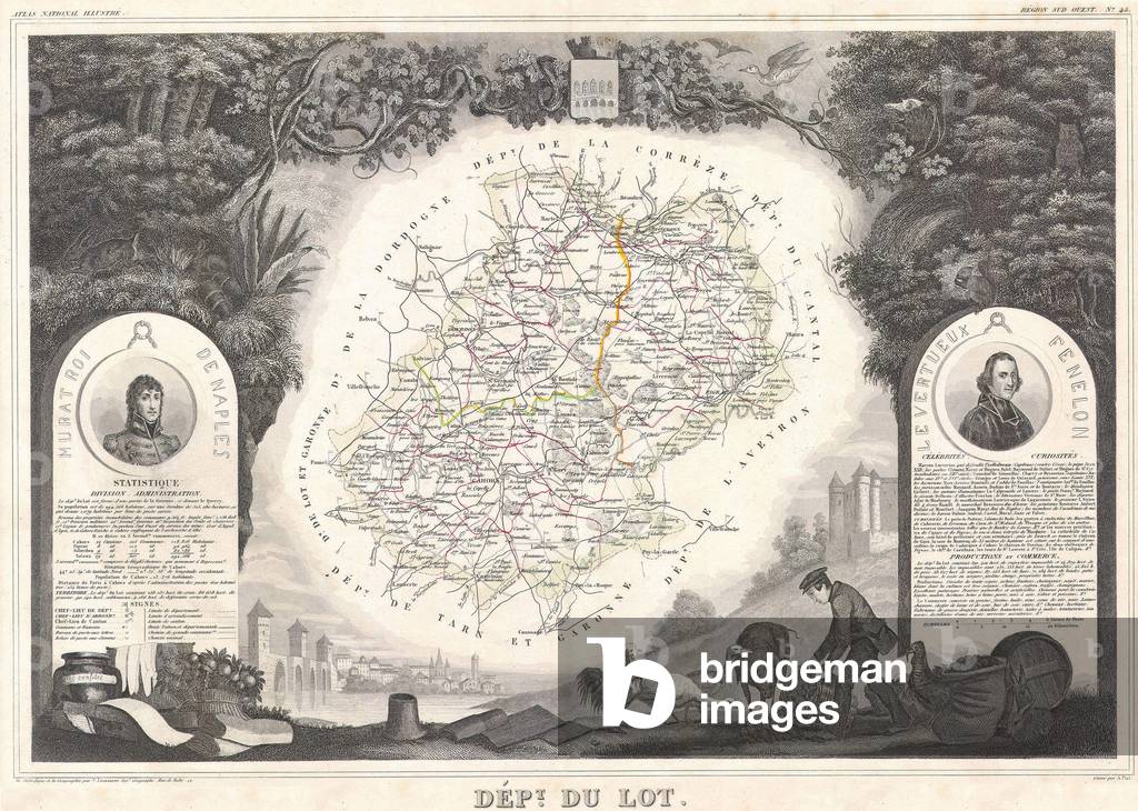 1847, Levasseur Map of the Dept. Du Lot, France