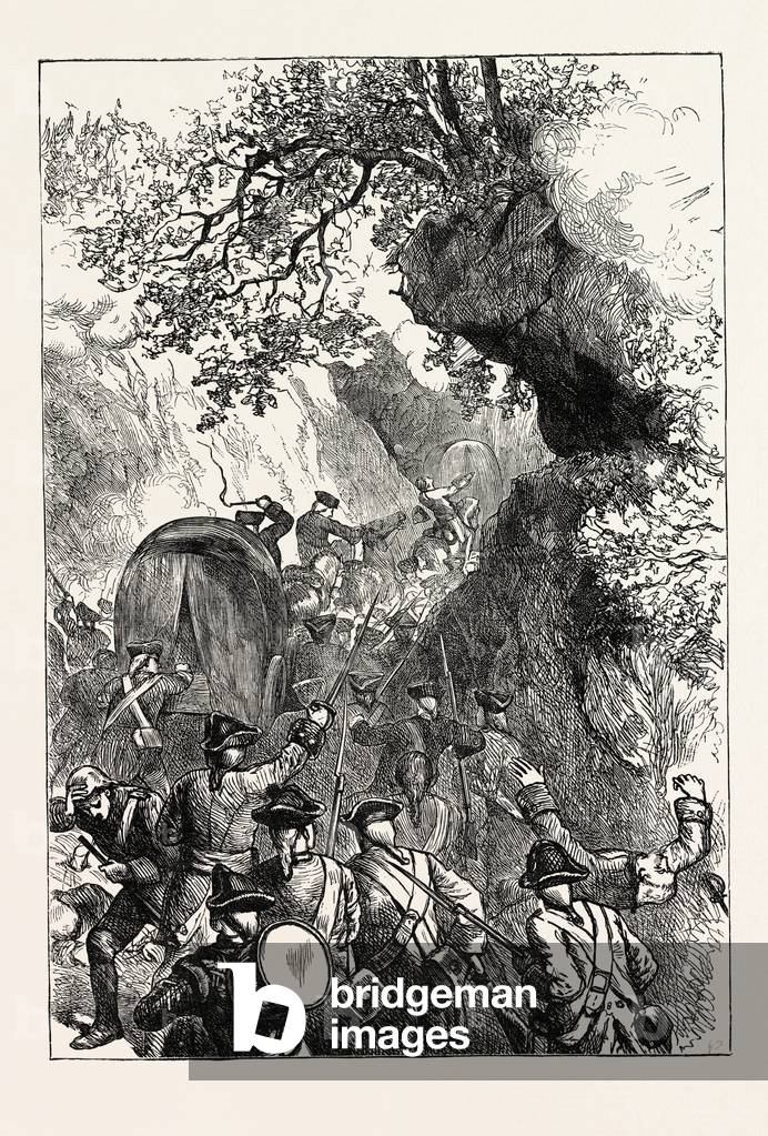 Braddock's Forces Surprised by an Ambuscade, US, USA, 1870s Engraving