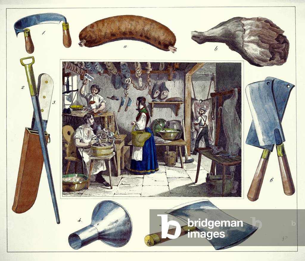 At the Butchers, Butcher, Slaughter, Slaughter Animals, Meat, Cuts of Meat, Butcher Shop, Butcher's Shop, Shop, Butchery, Slauthermen, Sausage, Sausage Making, Meat Cutter, Charcuterie, Traditional Sausage Making, Knife, Tools, Kitchenware, 19th Century Engraving, Food and Drink, Liszt Gourmet Archive