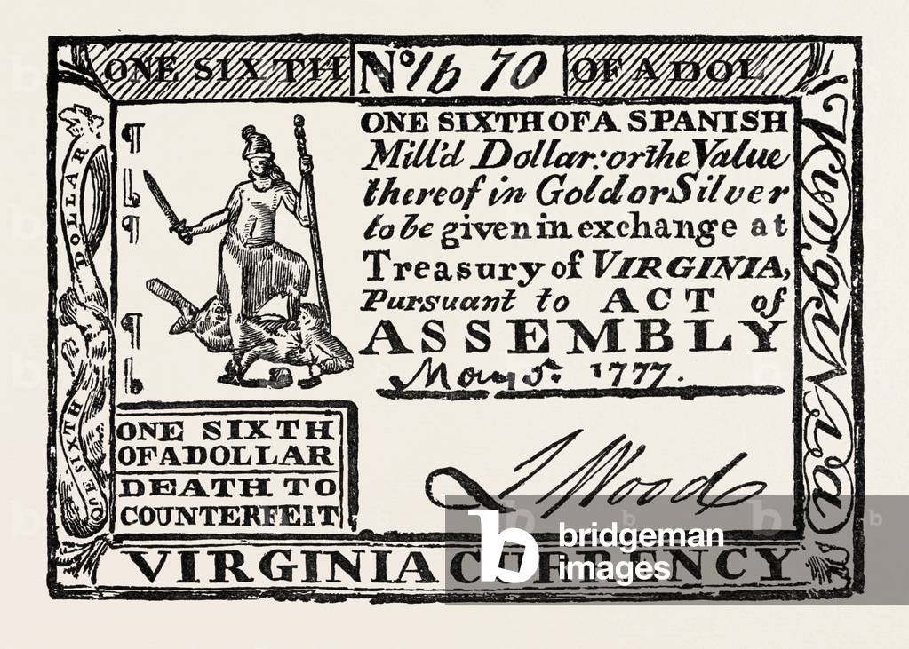 Virginia Paper Money,USA, 1870s Engraving