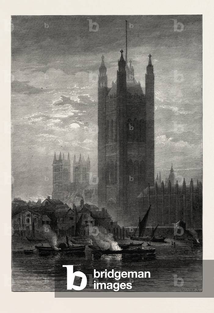The Victoria Tower, from Lambeth, Scenery of the Thames, UK, 19th Century Engraving