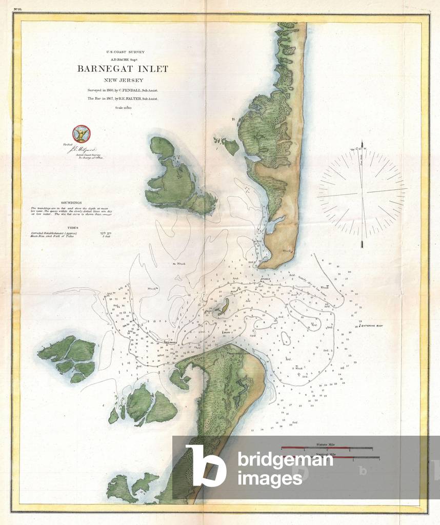 1865, U.S. Coast Survey Map of Barnegat Inlet, Long Beach Island, New Jersey