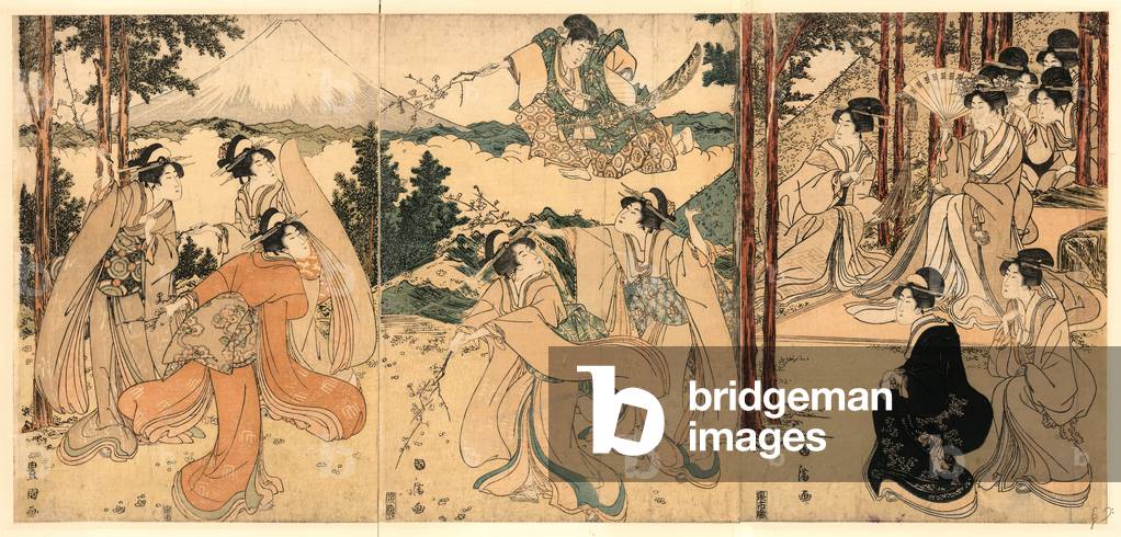 Yatsushi Kuramayama, a Parody of the Play Mount Kurama. 1 Print (3 Sheets) : Woodcut, Color ; 35.4 X 25.4  (Left Panel), 35.1 X 25  (Center Panel), 35.2 X 25.2  (Right Panel), Print Shows a God or Warrior Appearing on a Cloud Before Several Women Gathered in a Wooded Grove on Mount Kurama with View of Mount Fuji in the Background.