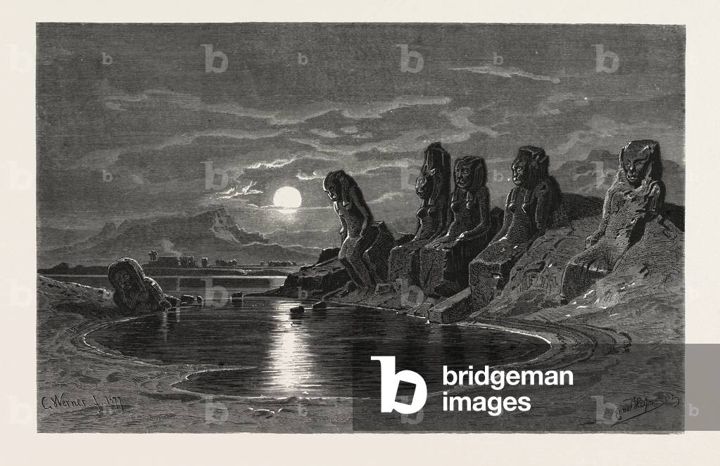 Sekhet Statues Near the Temple of Mut, Karnak. Egypt, Engraving 1879