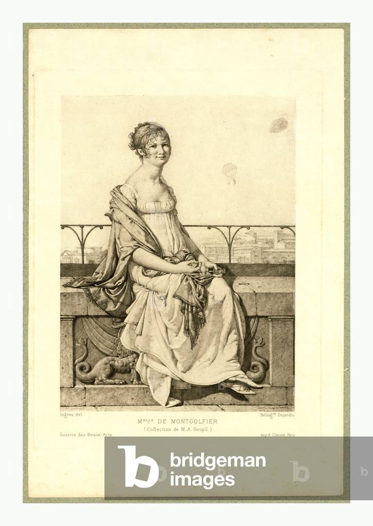 Full-Length Portrait of Adélaide Montgolfier, Seated on a Wall with Balloons in the Background.