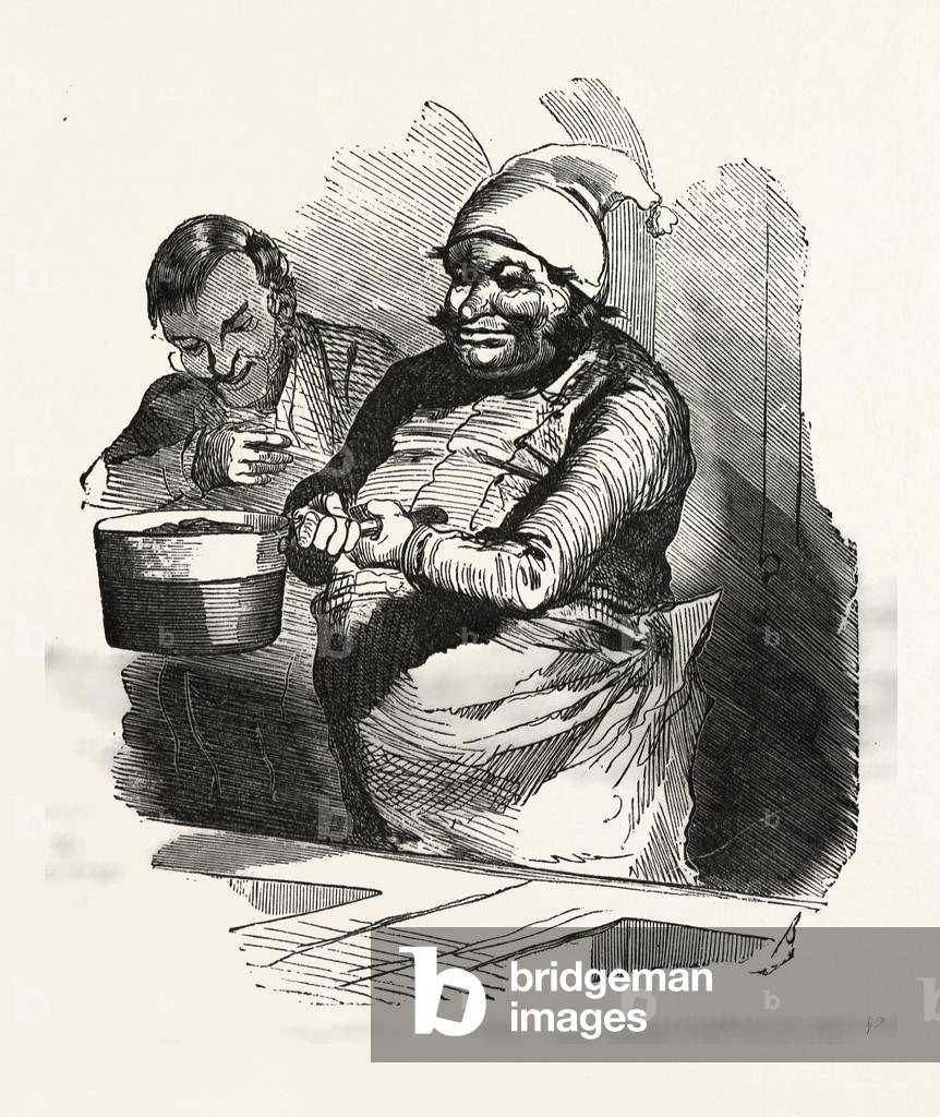 The Cook and His Pan, Europe, 19th Century. According to Other Contemporaries, Bertall Has As an Illustrator Strong Originality and As a Cartoonist Perhaps Less Finesse and Elegance As Gavarni and Less Grotesque Than Daumier, But He is Sparkling with Gaiety and Originality. Food and Drink, Pans, Cookware, Kitchen, Liszt Gourmet Archive
