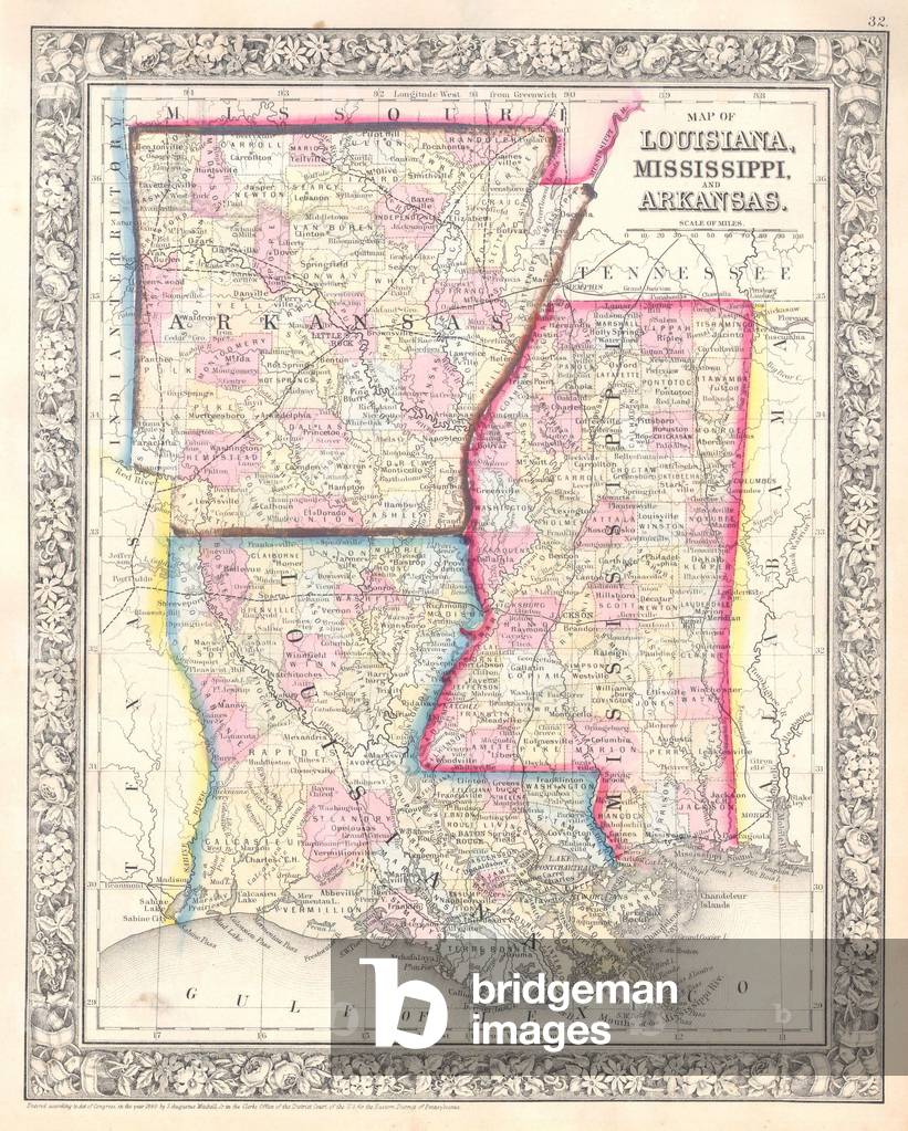 1864, Mitchell Map of Louisiana, Mississippi and Arkansas