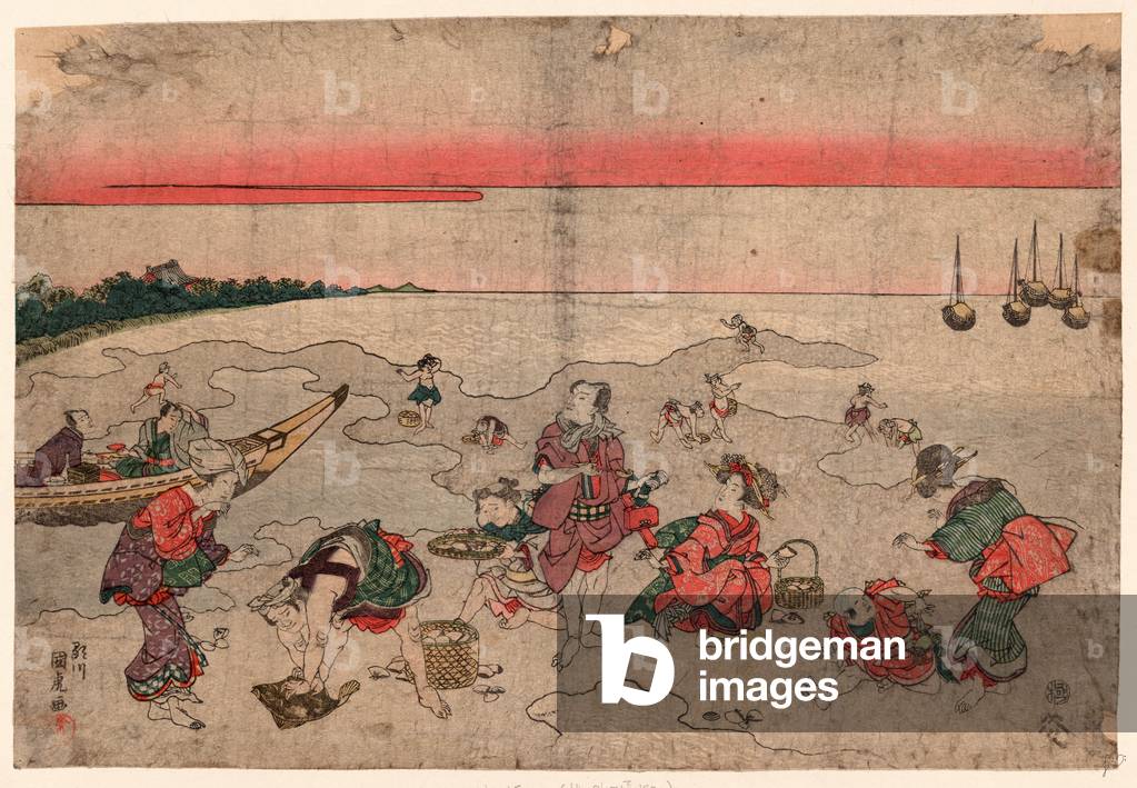 Shiohigari, Gathering Shells., Utagawa, Kunitora, -1868, Artist, [181-], 1 Print : Woodcut, Color ; 25.3 X 37.7 Cm., Print Shows A Large Group of People Gathering Seashells in A Tidal Pool.