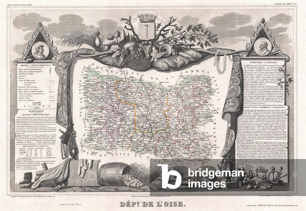 1852, Levasseur Map of the Department De L'Oise, France