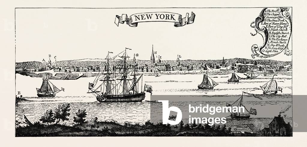 Old View of New York. From Popple's American Atlas, 1730.USA, 1870s Engraving