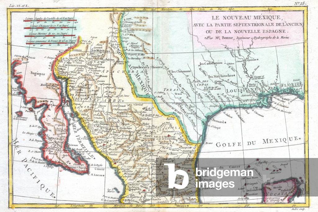 1780, Bonne Map of Texas, Louisiana and New Mexico, Rigobert Bonne 1727 Ð 1794, one of the most important cartographers of the late 18th century