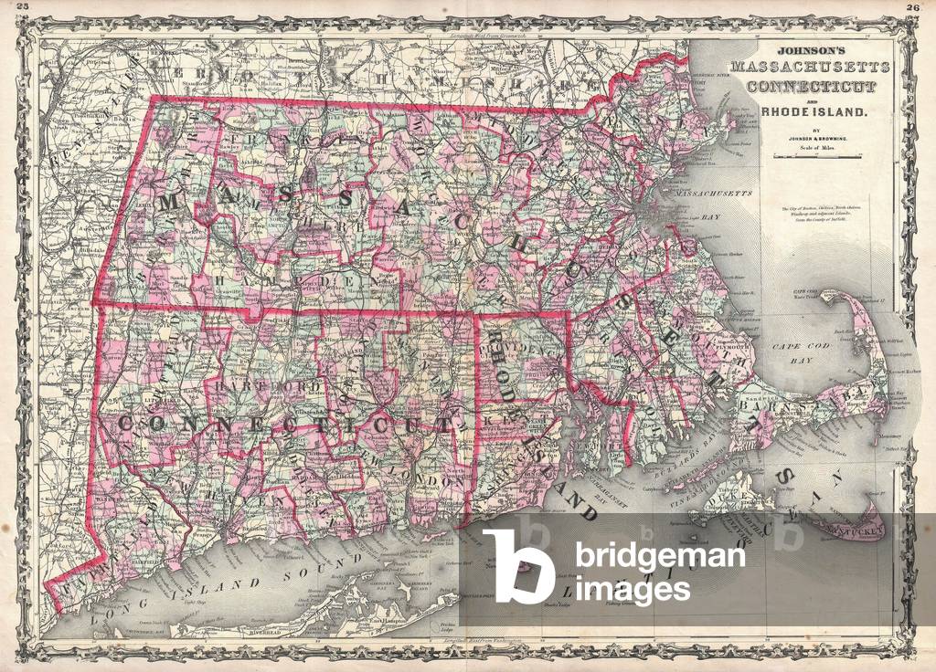 1861, Johnson Map of Massachusetts, Connecticut and Rhode Island