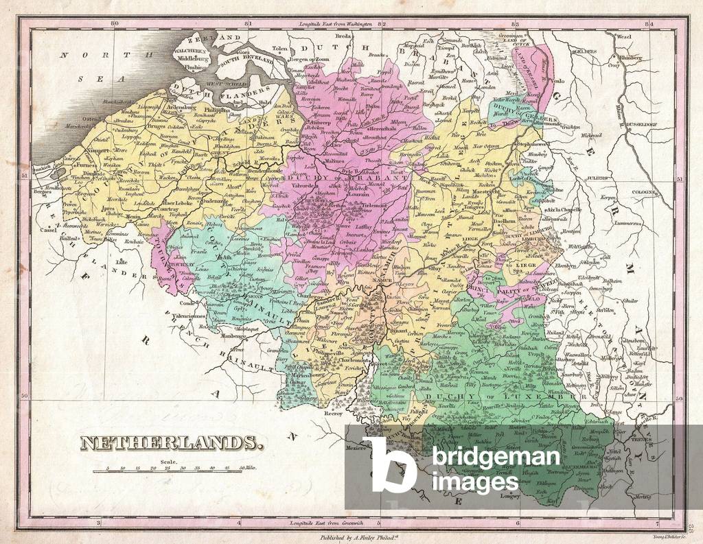 1827, Finley Map of Belgium and Luxembourg, Anthony Finley mapmaker of the United States in the 19th century