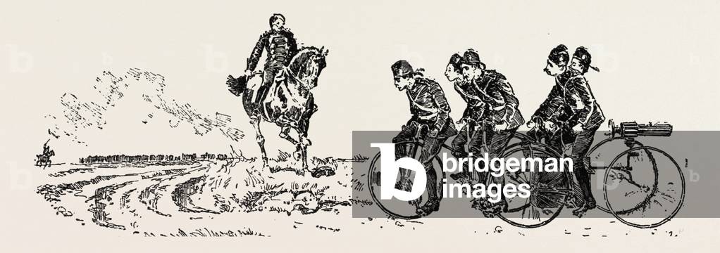 Bringing Up the Guns, Bicycle, Bicycles, 1888 Engraving
