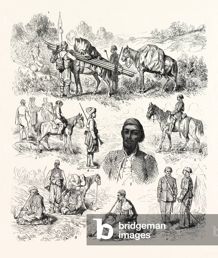 War in the East, Types of Turkish Soldiery, I.Rayah. 2.Soldiers of the Military Train. 3. Escort. 4,Conveying Tents. 5 Officers' Servant 3. 6 Gendarmerie, or Zaptichs. 7. Lmaun of a Battalion, Engraving 1876