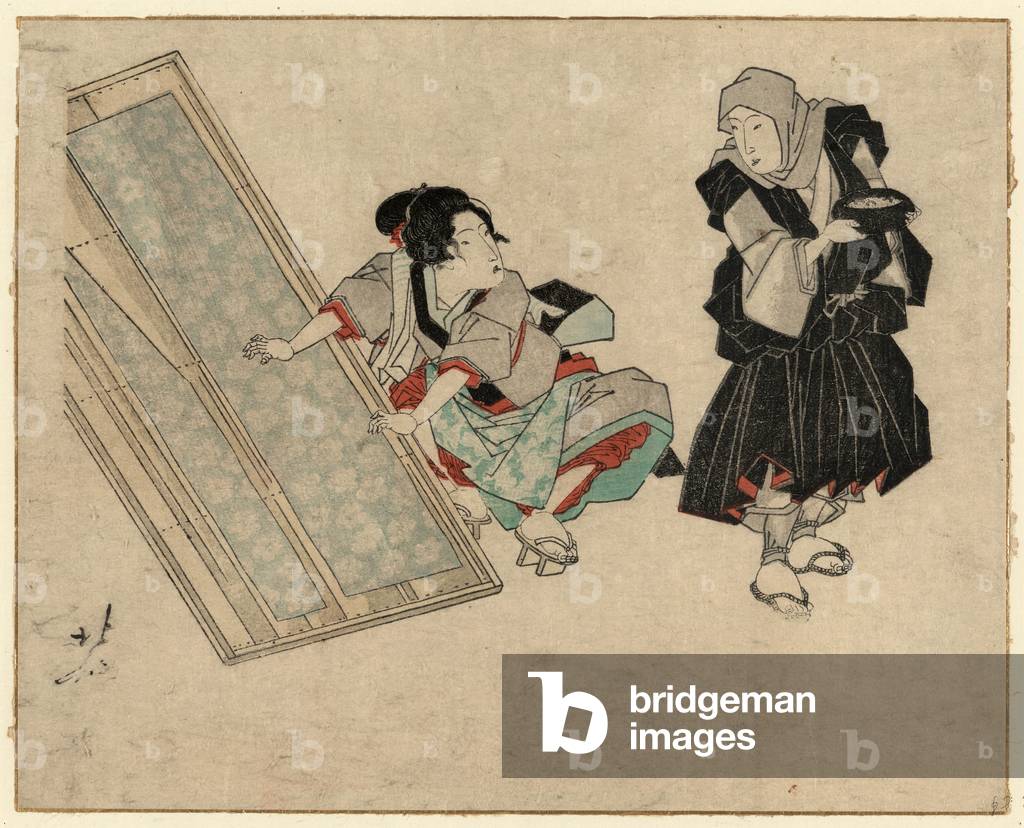 Takuhatsuso to Araihari Wo Suru Onna, Washing Clothes. Print Shows a Woman with Long Strips of Cloth in a Large Wooden Tray, from a Kimono that Has Been Taken Apart for Cleaning, She is Preparing Them to Be Either Washed or Dried and Stretched; Another Woman Standing Nearby.