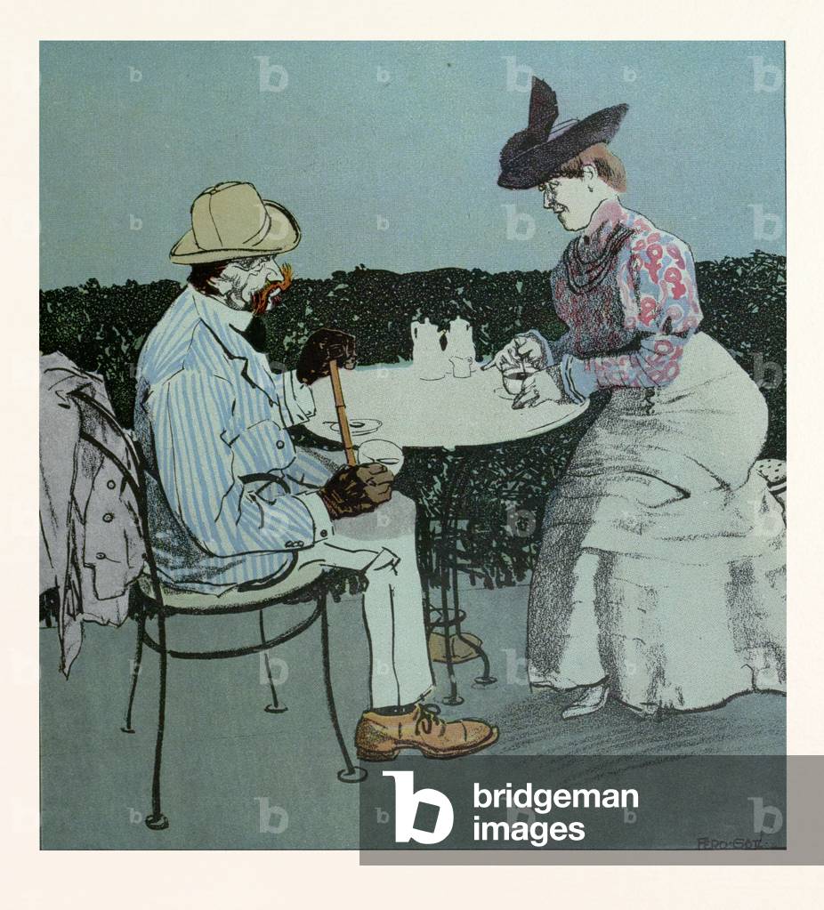 Drinking Coffee. Man, Woman, Coffee, Table, Coffee Pot, Coffee Cup, Around 1900, Belle Epoque, Outdoors, Elegant Dress, Hat, Food and Drink, Liszt Gourmet Archive