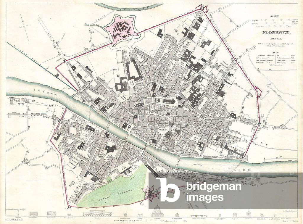 1835, S.D.U.K. City Map or Plan of Florence or Firenze, Italy
