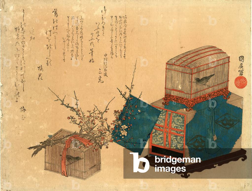 Ume Ni Kago No Uguisu, Caged Bush Warbler and Plum. Print Shows Two Birdcages, One Sitting on a Box.