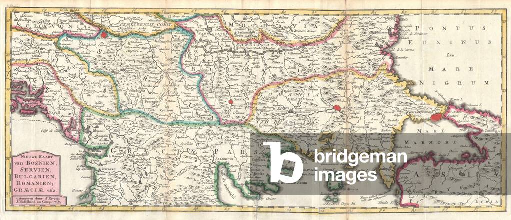 1738, Ratelband Map of the Balkans, Bosnia, Serbia, Bulgaria, Rumania