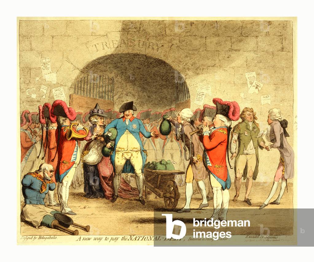 A New Way to Pay the National-Debt, Cartoon Shows King George III and Queen Charlotte Standing Before the Treasury, Moneybags Under Their Arms, Their Pockets Overflowing and Bursting with Coins (Funds from the Treasury to Cover Royal Debts), William Pitt, His Pockets Full of Coins, Hands the King Another Moneybag Taken from an Overflowing Wheelbarrow; the Prince of Wales, George IV, Stands to the Right Looking Destitute; a Quadriplegic Sits on the Ground to the Left with an Overturned and Empty Hat Between the Stubs of His Legs, which Are Fitted with Prostheses.