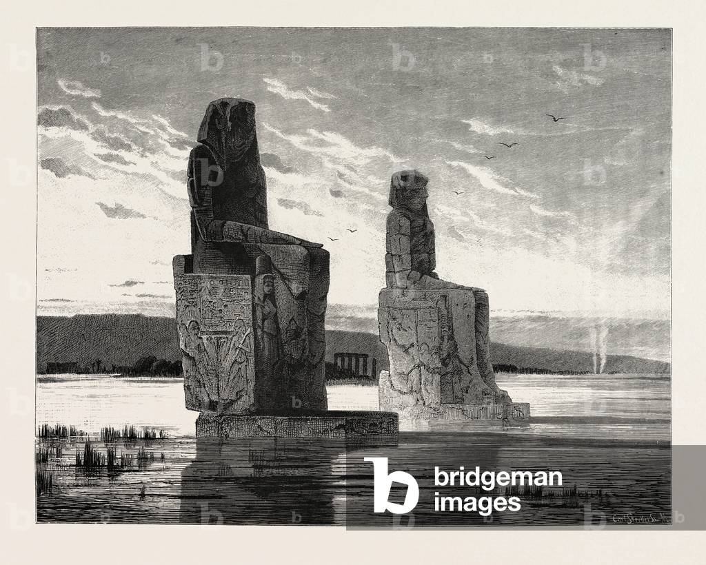 The Statue of Memnon And Its Companion at the Time of High Nile. Egypt, Engraving 1879