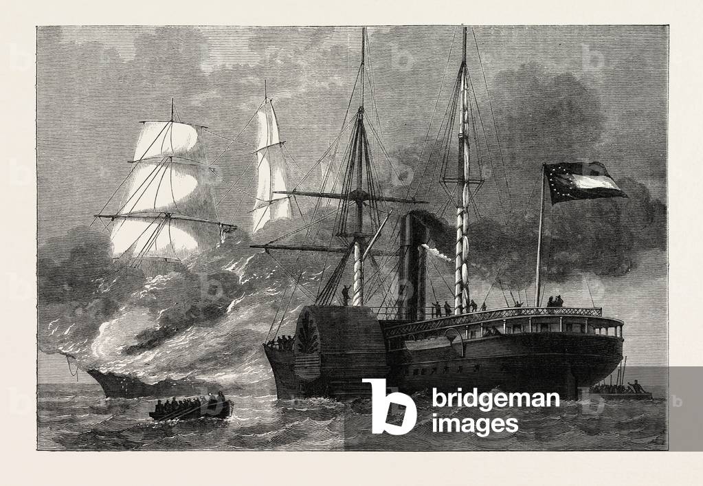 The Nashville Destroying a Federal Merchantman, American Civil War,USA, 1870s Engraving