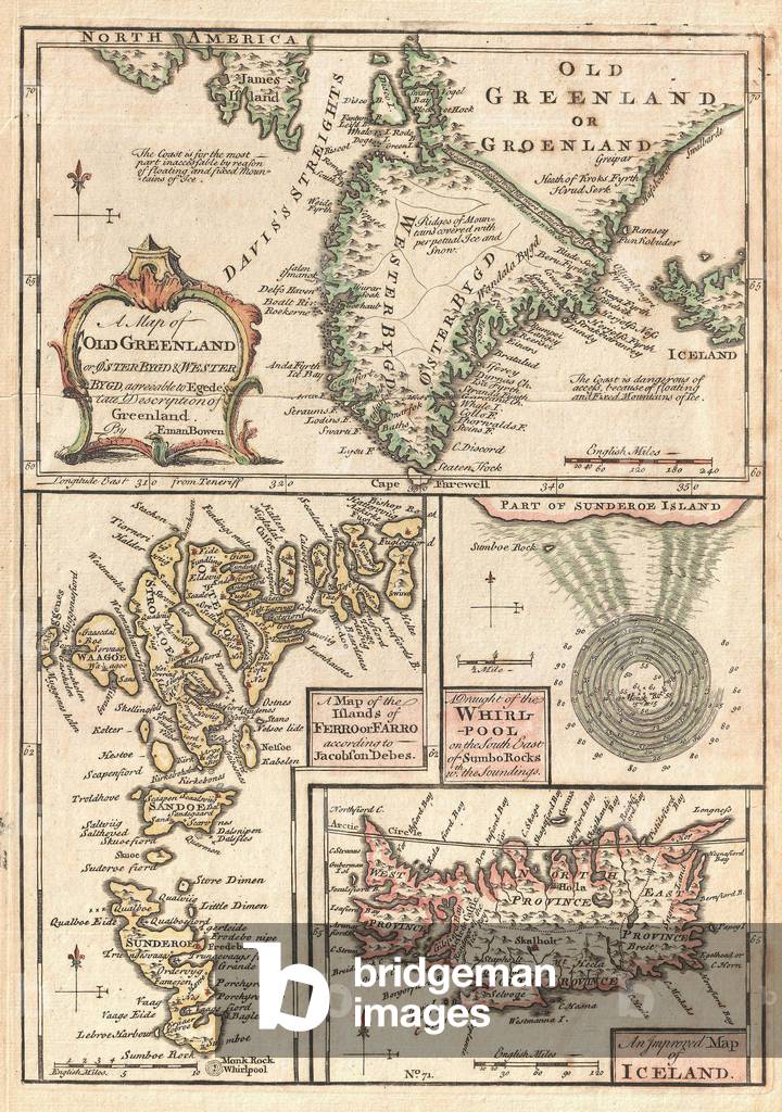 1747, Bowen Map of the North Atlantic Islands, Greenland, Iceland, Faroe Islands, Maelstrom