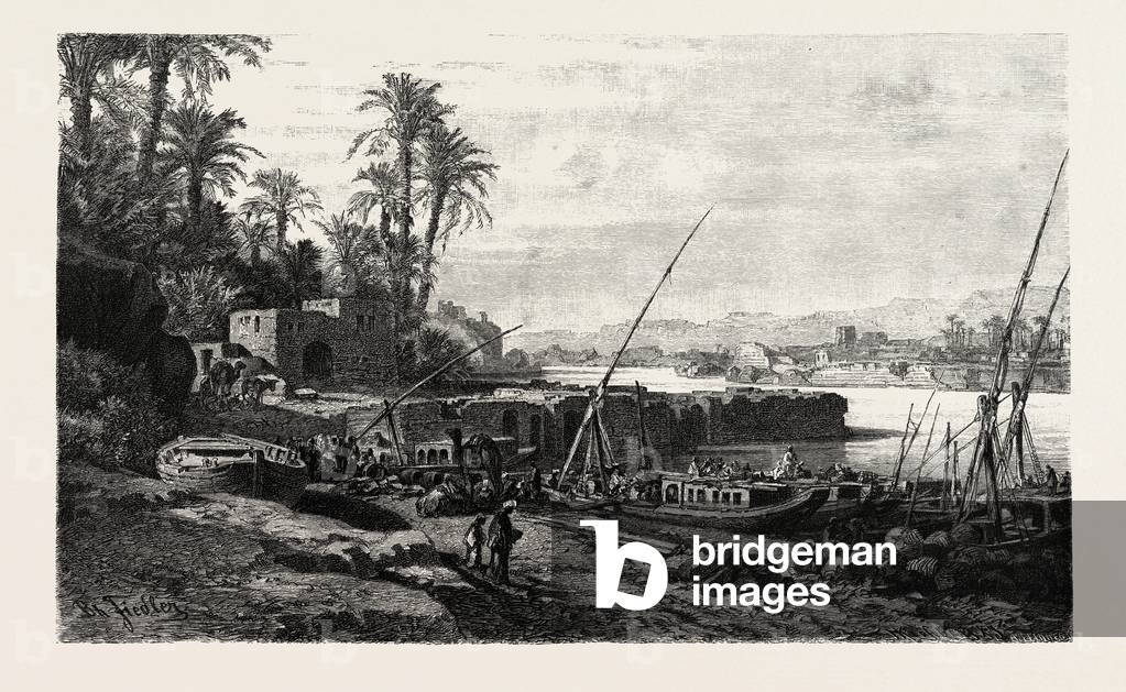 Port of Assouan. Egypt, Engraving 1879