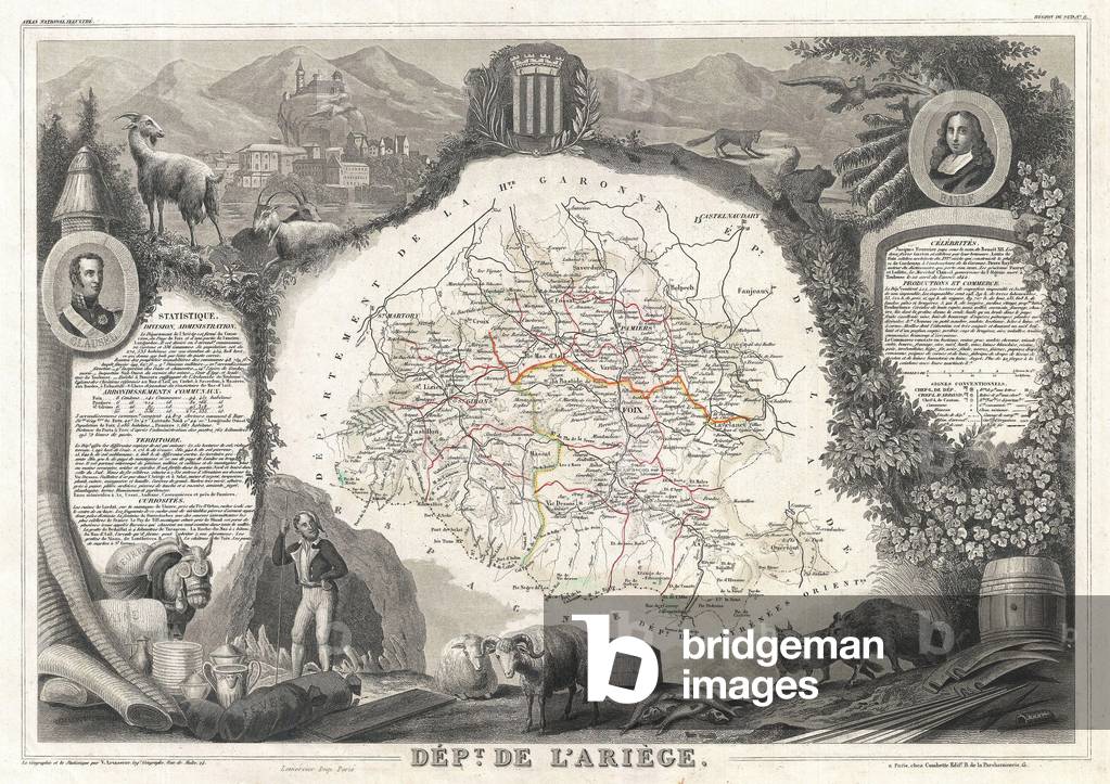 1852, Levasseur Map of the Department Ariege, France, Bethmale, Bamalous, Moulis and Rogallai cheese