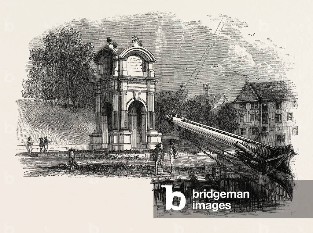 Monument at New Plymouth to Mark the Site of the Landing of the Pilgrim Fathers,USA, 1870s Engraving