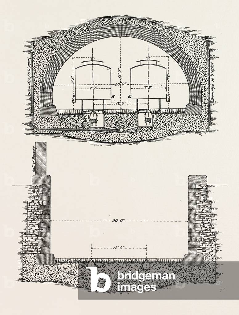Cable Railway Tunnel Under River Near Van Buren Street, Chicago, United States of America, USA, U.S., America, 1890: Ordinary Section, and Section of Open Approach