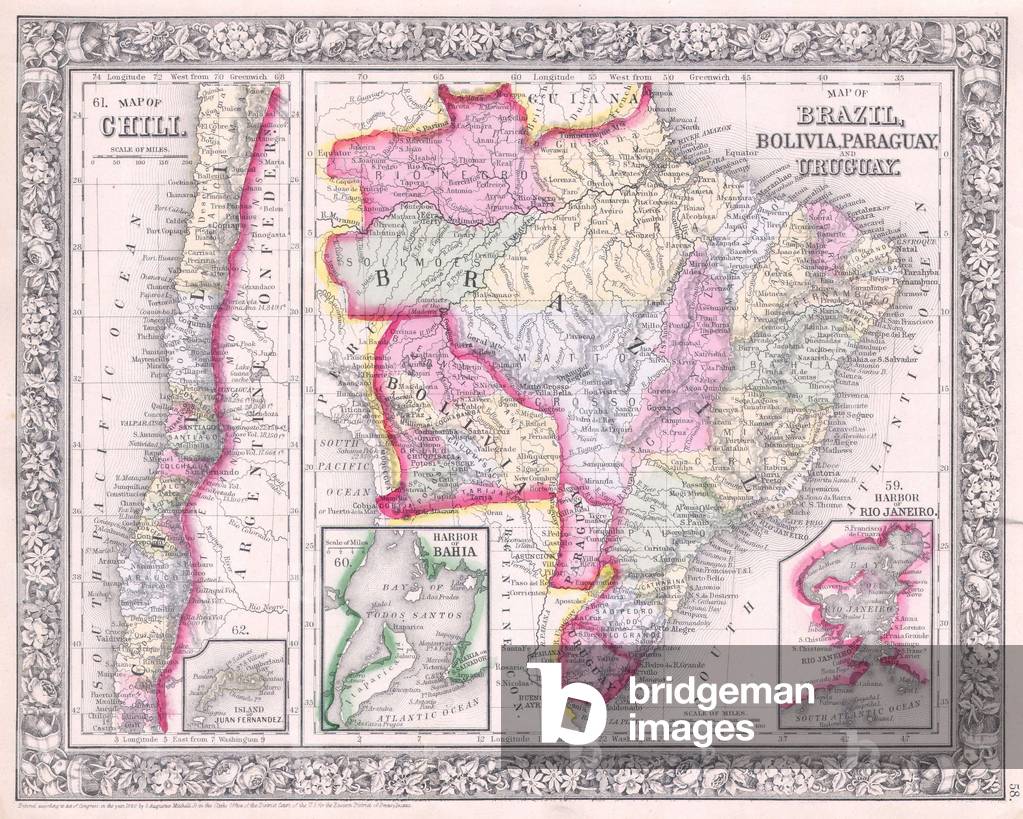 1864, Mitchell Map of Brazil, Bolivia and Chili