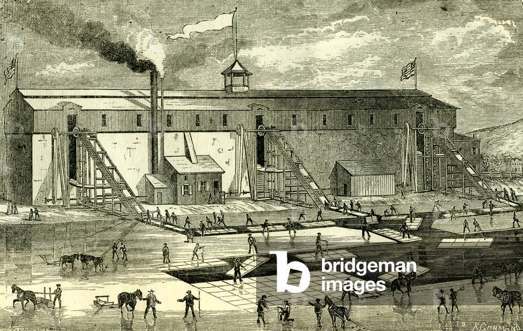 Ice Industry U.S.A. 1881 Winter View of Elevating Ice Into Buildings