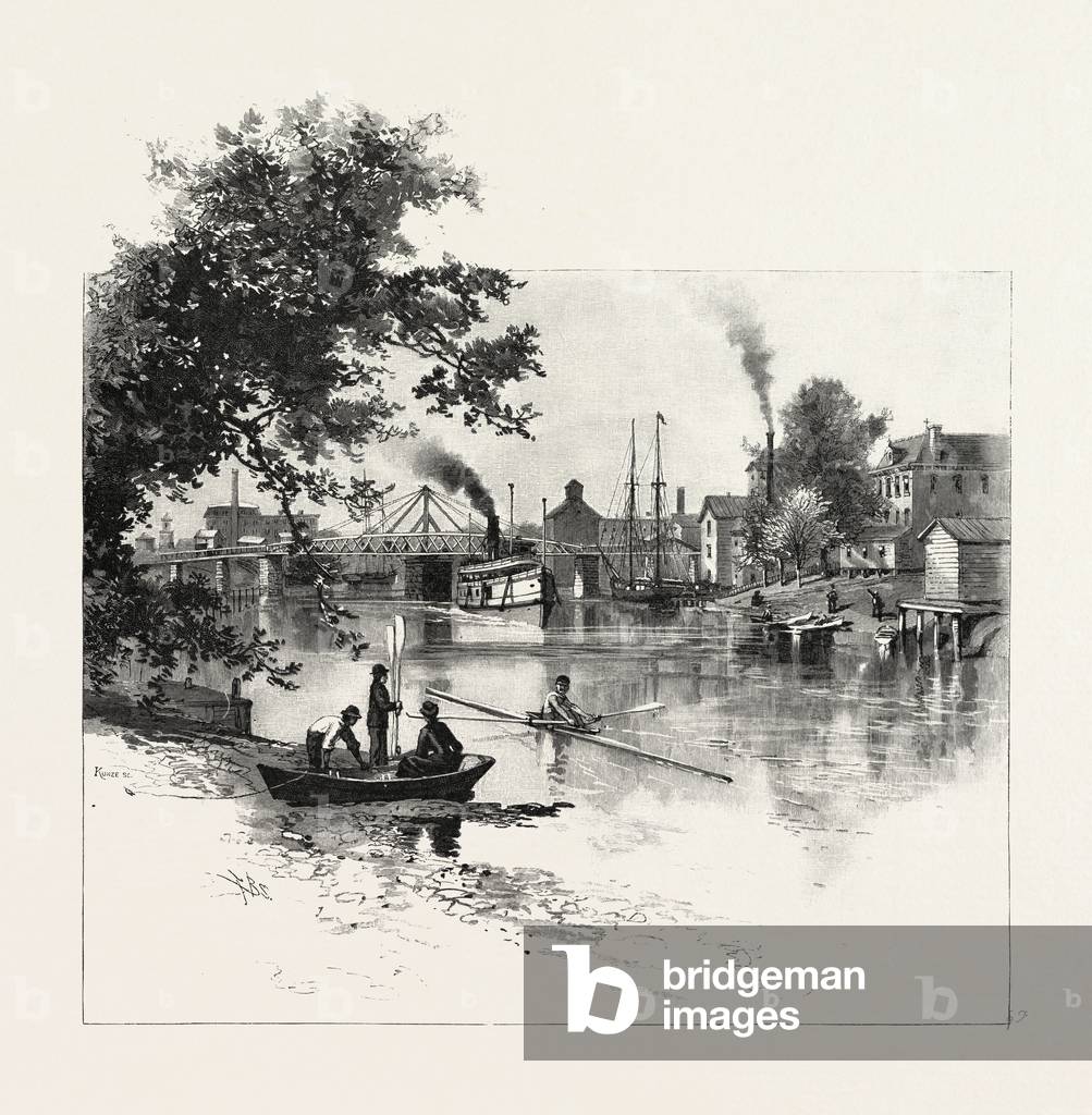 Looking Up the Thames, Chatham, Canada, Canada, Nineteenth Century Engraving