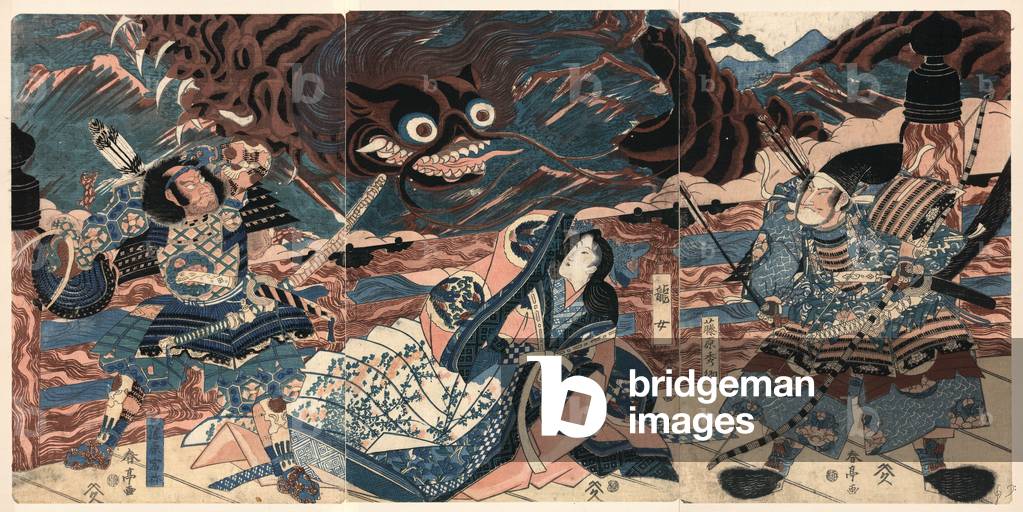 Fujiwara No Hidesato No Mukade Taiji, the Warrior Fujiwara Hidesato Battling the Giant Centipede. [Between 1815 and 1820], 1 Print (3 Sheets) : Woodcut, Color ; 37.2 X 25.2  (Left Panel), 37.1 X 25.1  (Center Panel), 36.9 X 24.9  (Right Panel), Print Shows Fujiwara Hidesato and Another Warrior on Board a Ship with a Woman Being Attacked by a Sea Monster.