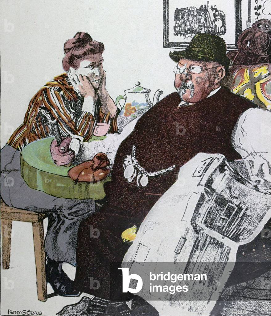 Coffee at the Table. Man, Woman, 1900, Watch Chain, Coffeepot, Food and Drink, Liszt Gourmet Archive, Hat, Newspaper, Table, Moustache