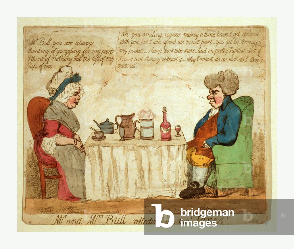 Mr. And Mrs. Bull Reflecting on the Taxes, a Domestic Scene with a Man and a Woman Sitting at Opposite Ends of a Table which is Set for Tea, Ale, and Port Consumption; Mrs. Bull is Complaining About Mr. Bull's Tendency Toward Guzzling, to which Mr. Bull Replies, ... But If I Cant Beat Bonny Without It - Why I Must Do As Well As I Can.