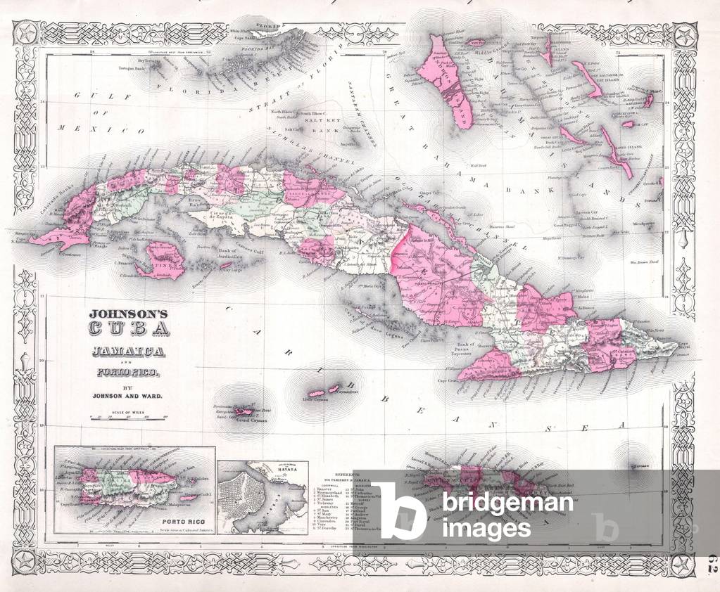 1864, Johnson's Map of Cuba, Jamaica, the Bahamas and Puerto Rico