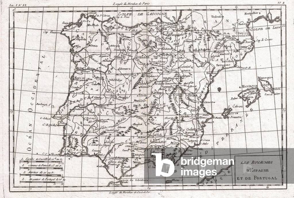 1780, Raynal and Bonne Map of Spain and Portugal, Rigobert Bonne 1727 Ð 1794, one of the most important cartographers of the late 18th century