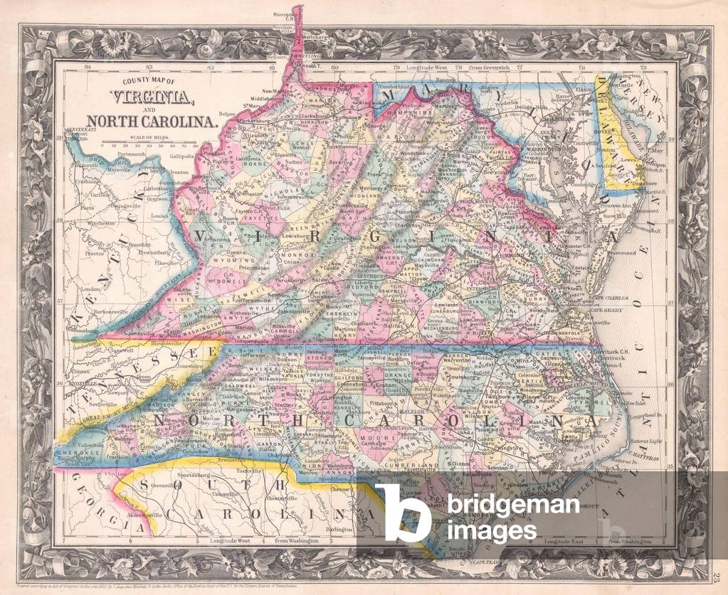 1860, Mitchell Map of Virginia, undivided and North Carolina