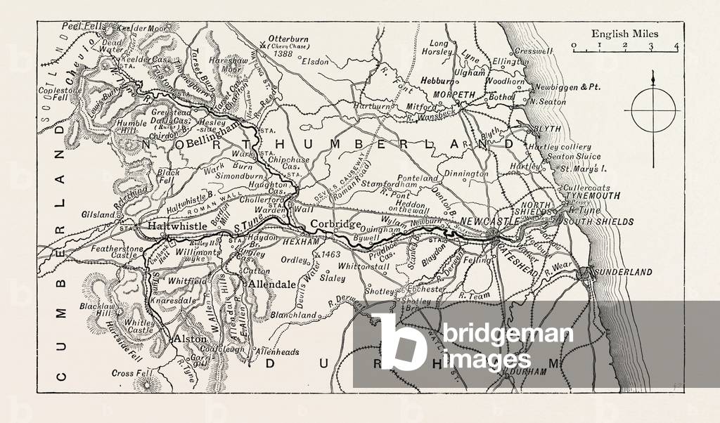 Map of the Course of the Tyne,  a River in the UK