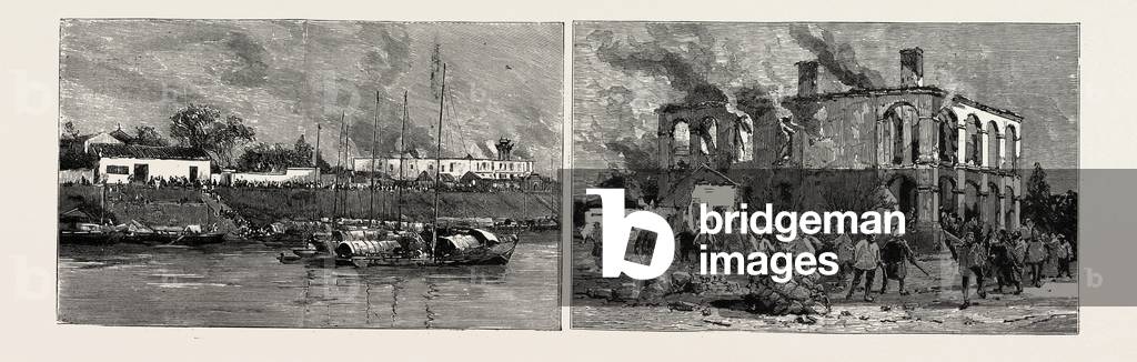 The Chinese Outrages, the Riots in the Foreign Concession at Ichang on the Upper Yangtze River: The Roman Catholic Mission at Ichang (Left); a European's House at Ichang after the Riot (Right)