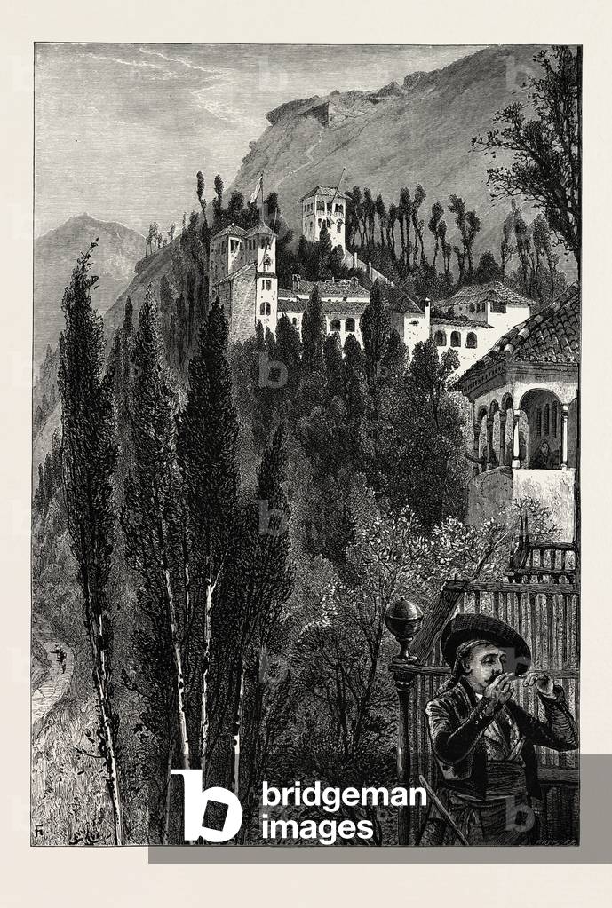 The Generaliffe, from the Walls of the Alhambra, Ganada, Spain, 19th Century Engraving