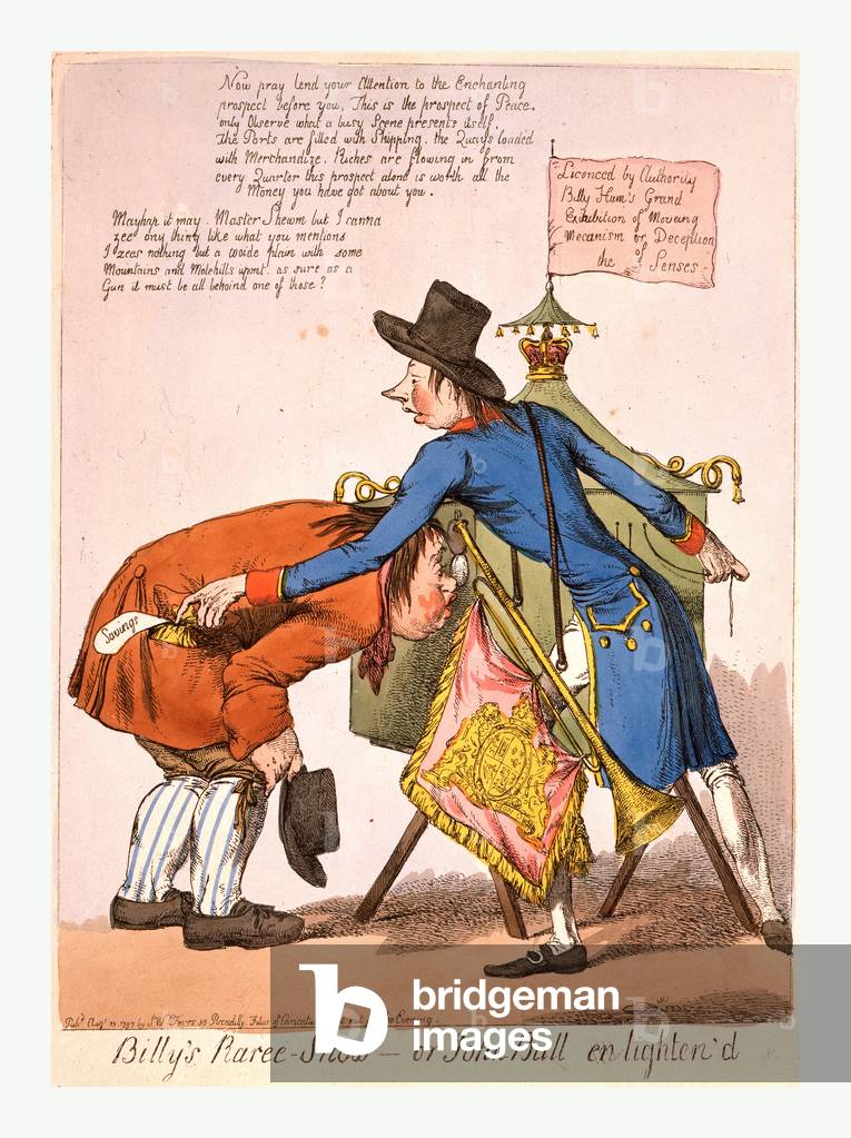 Billy's Raree-Show or John Bull En Lighten'D, [England], Engraving 1797, Pitt, As a Peep-Show Man, Stands by His Box, which is Supported on Trestles