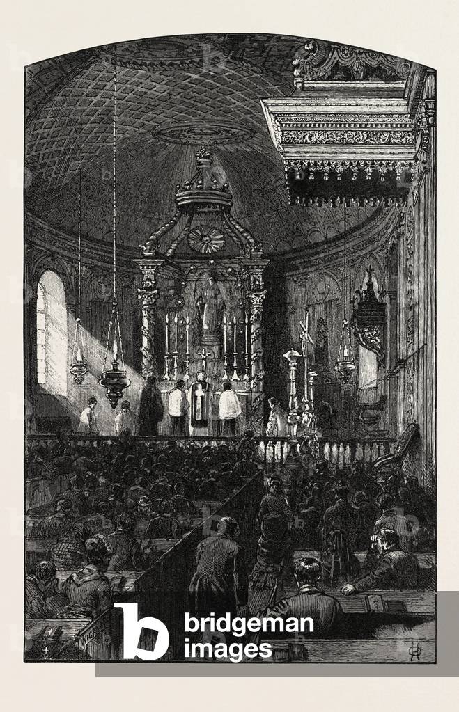 French Canadian Life, Interior of Parish Church, Canada, Nineteenth Century Engraving