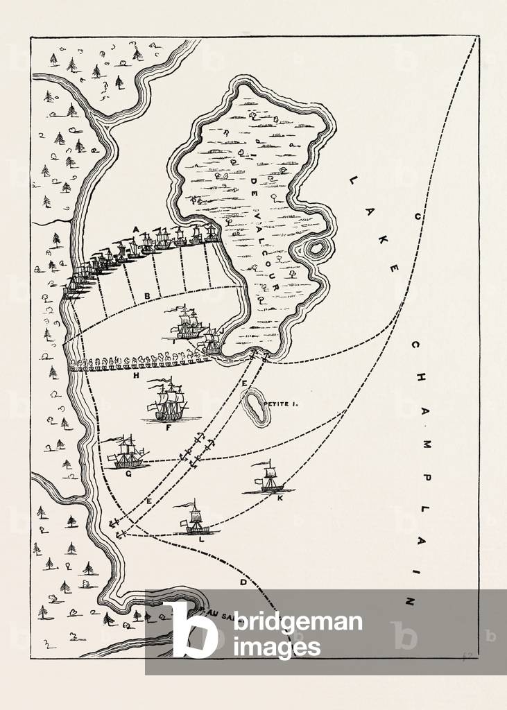 Plan of the Defeat of the American Fleet, Under Benedict Arnold, on Lake Champlain, October 11, 1776, US, USA, 1870s Engraving