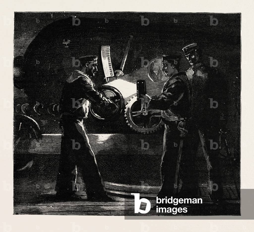 Night Quarters on Board a Man of War, Laying a Gun, Engraving 1890